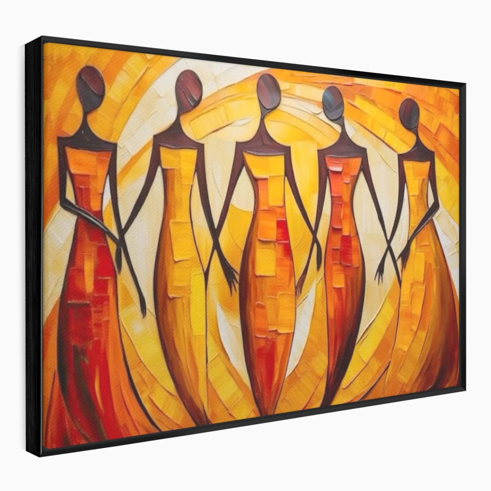 Tablou canvas cu pictura abstracta cu cinci femei stilizate, in rama de aluminiu negru